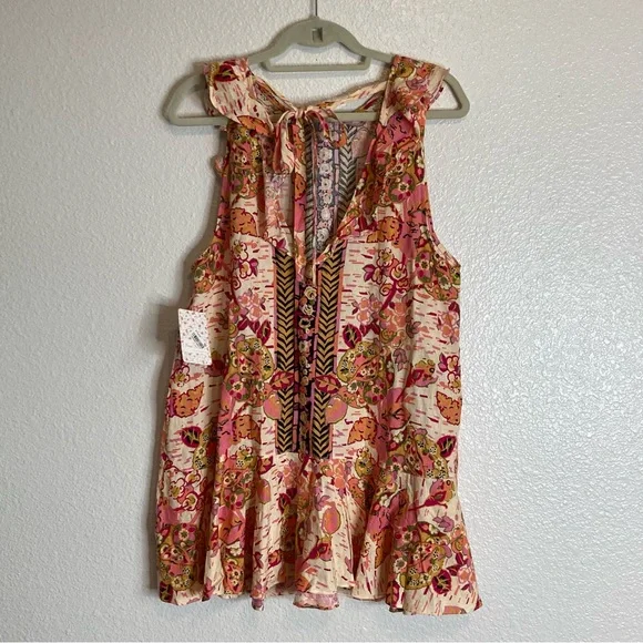 FREE PEOPLE SUMMER IN TULUM LINEN BLEND TUNIC PEBLUM PINK FLORAL mini dress/TOP - Picture 9 of 16